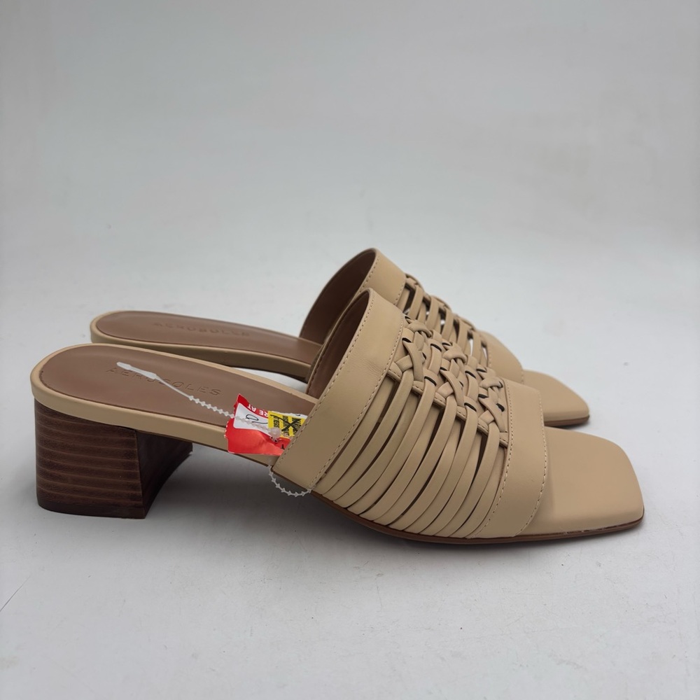 NEW Aerosoles Women’s 10 Tan Leather Square Toe Evette Slide Heeled Sandals